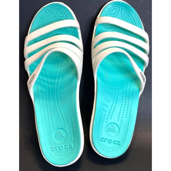 Slip On Sandals Straps Crocs White Green Water Shoes Slide Wedge Heel Size 10 - Picture 2 of 9